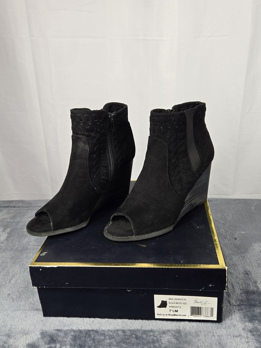 Black Suede Peep-Toe Wedge Booties - Women's